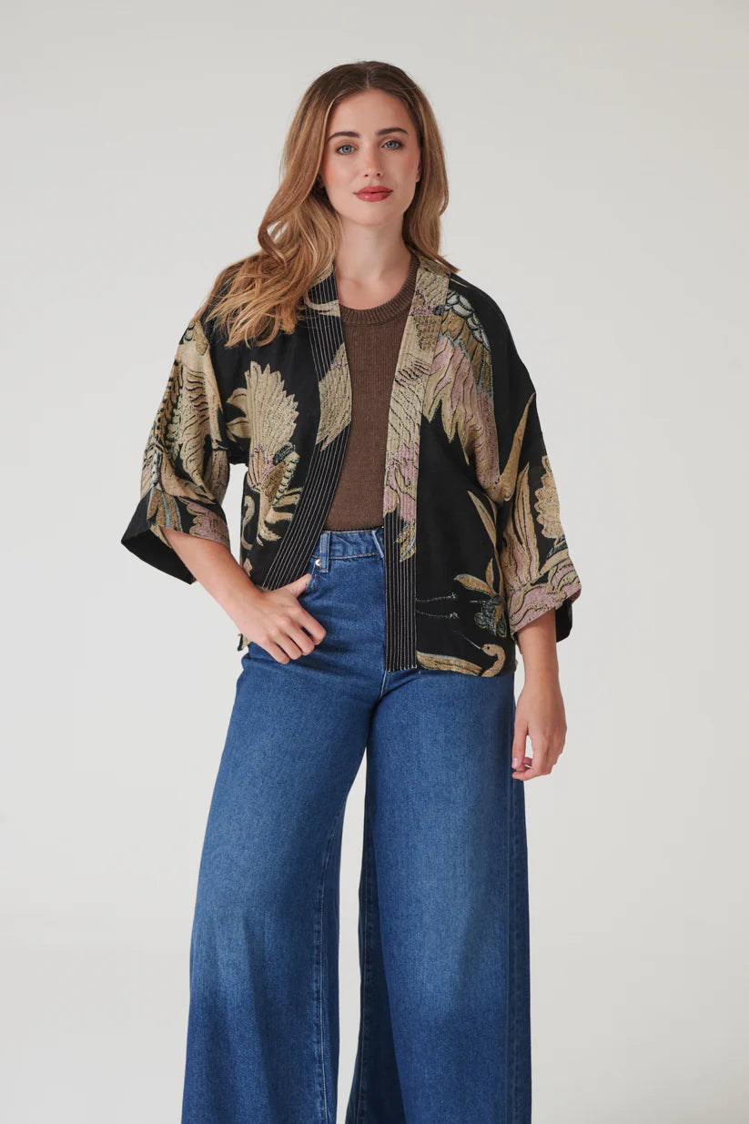 Crane Black Wool Kimono by One Hundred Stars
