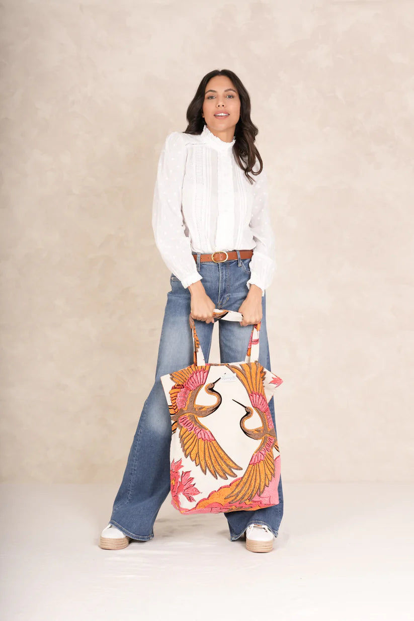Crane Ecru Canvas Bag by One Hundred Stars