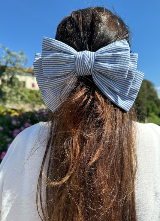 Matilda Blue Stripe Hair Bow / Brooch