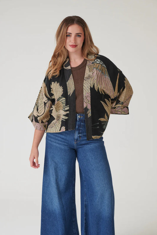 Crane Black Wool Kimono by One Hundred Stars