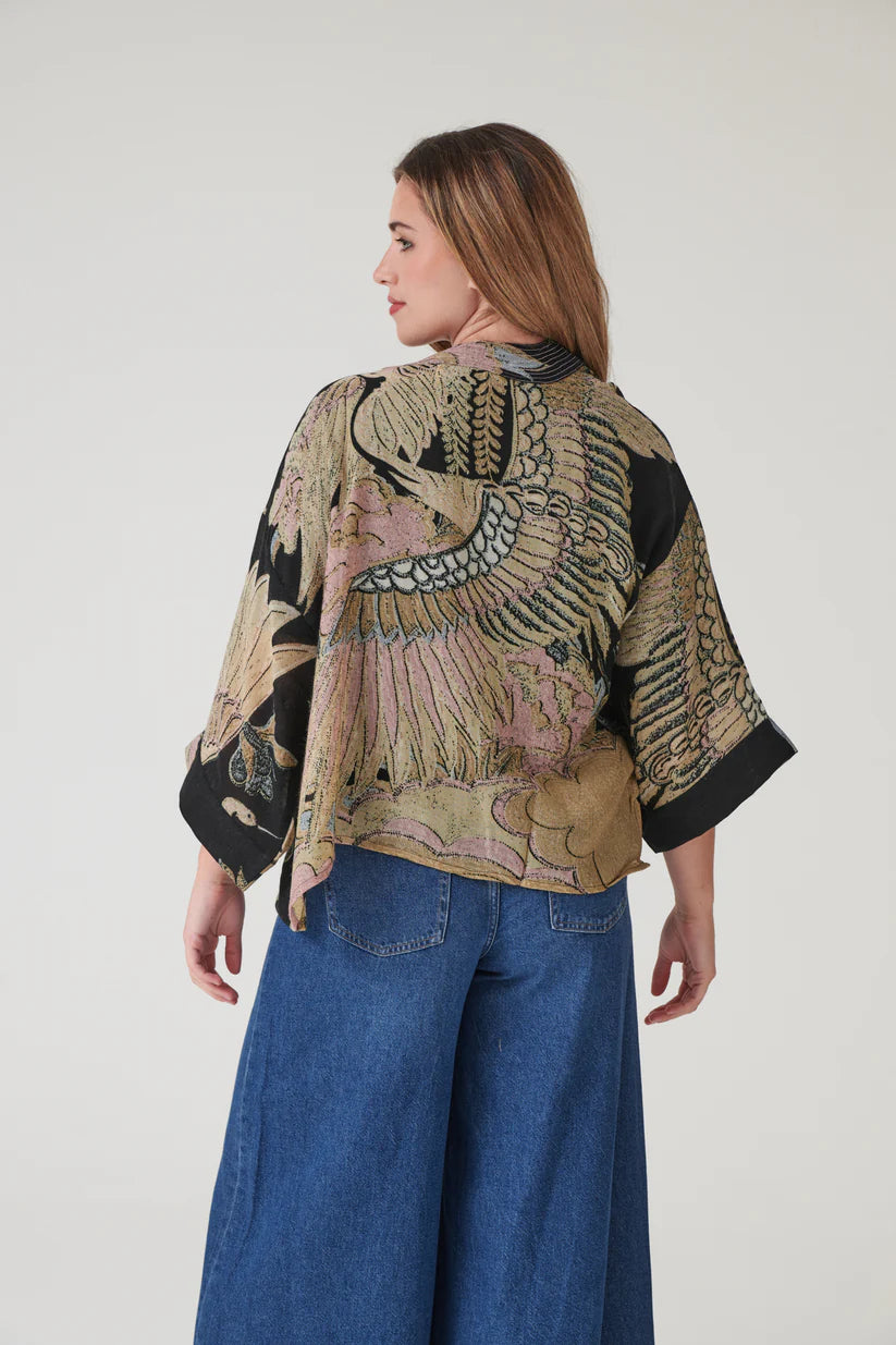 Crane Black Wool Kimono by One Hundred Stars